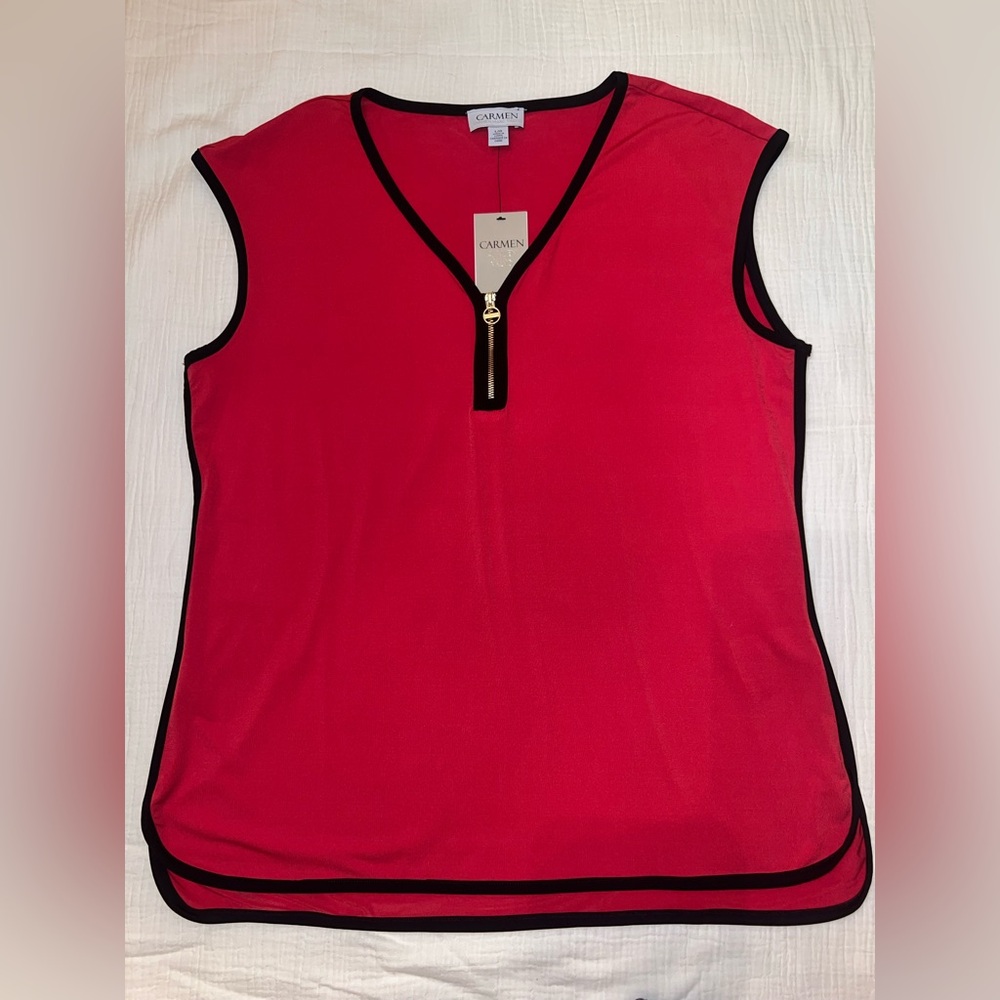 Carmen Marc Valvo Red and‎ Black Zip Sleeveless Top | Size Large | NWT